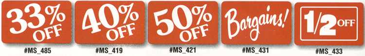 Discount Signs Include 33%, 40% and 50% Off; Bargain Message Sign and 1/2 Off Signs
