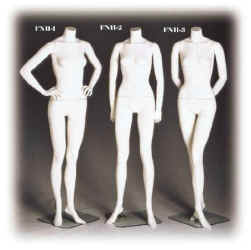 Female headless mannequins in your choice of cameo white or fleshtone in three poses.