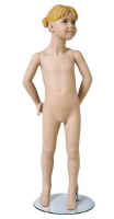 Female child mannequin in size 4 with molded blonde hair.  Tempered glass base included.