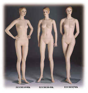 Debra Series Female Mannequin is available in three poses.   The mannequins shown here are fleshtone in color.