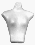 Our ladies styrofoam blouse form is available in fleshtone only.  With swivel and adapter, the form accept 1/4 inch on 3/8 inch threaded upright.  For use with a 4 inch base.